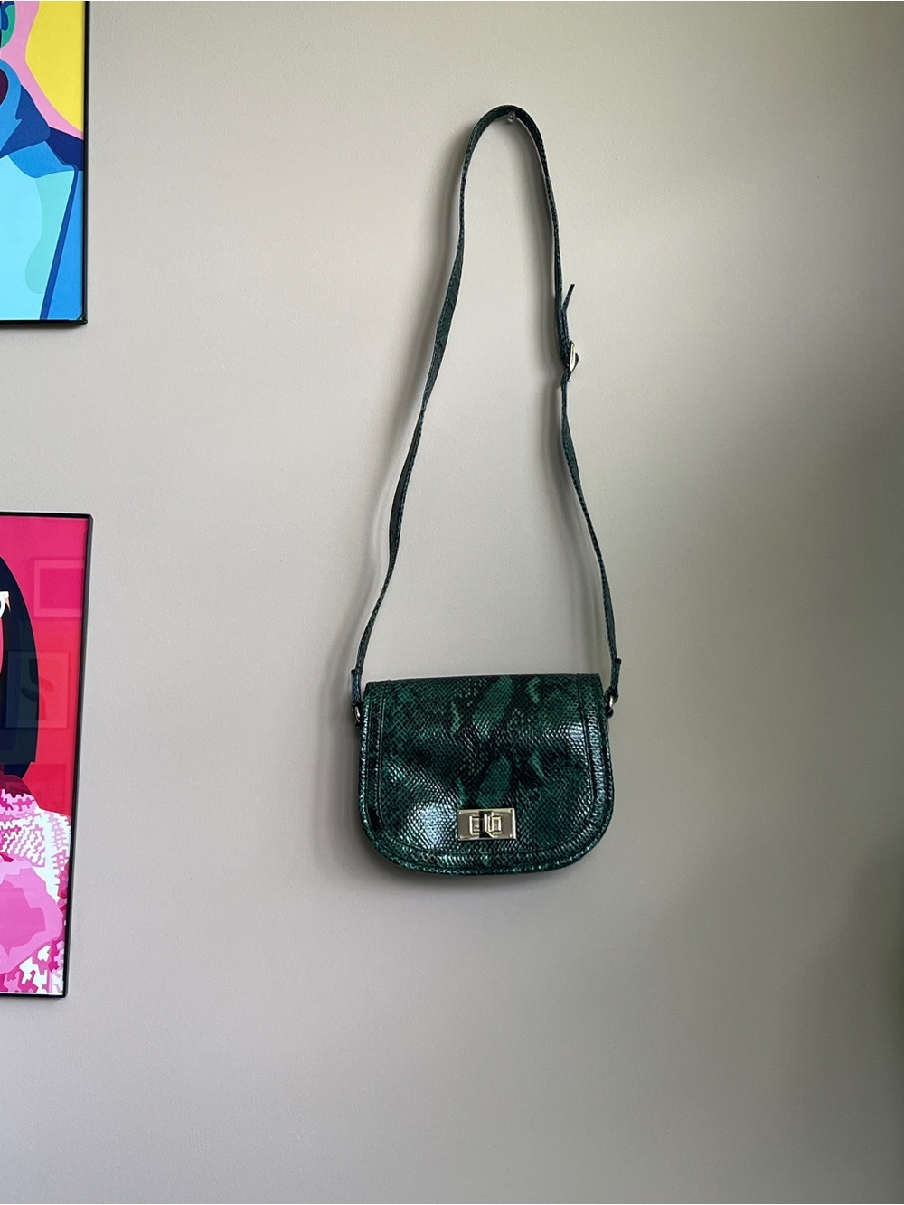 Talbots Green Snakeskin Print Crossbody Bag Gold Turn Lock Shoulder Purse